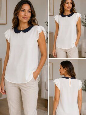 CeCe White Blouse with Navy Peter Pan Collar – Size M